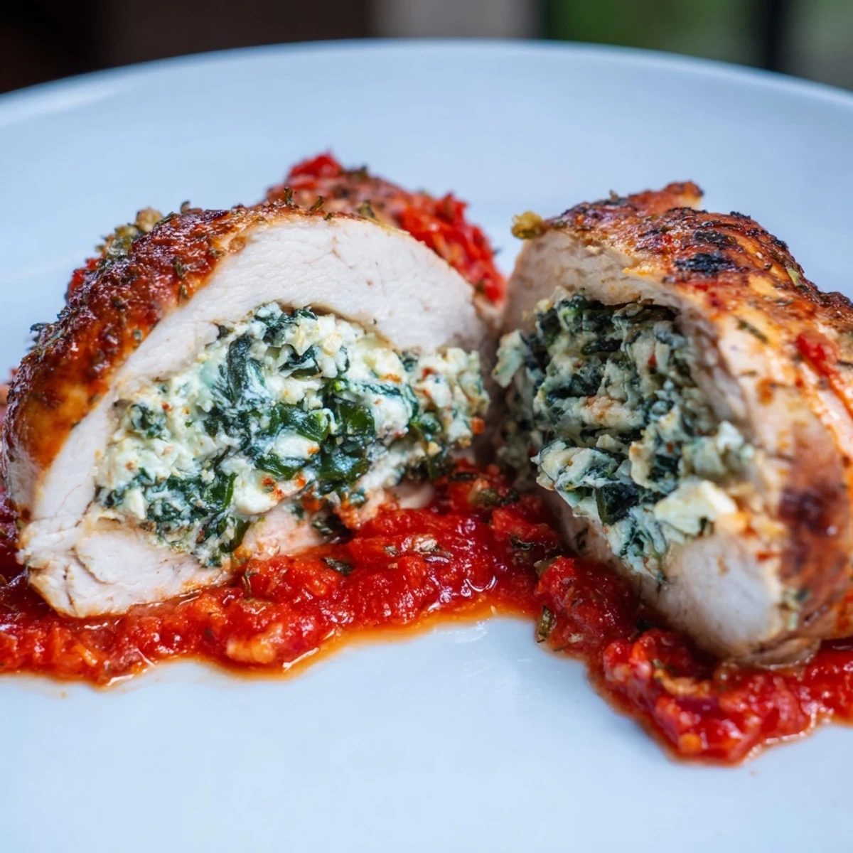 Golden-baked Spinach Ricotta Stuffed Chicken breasts, sliced to reveal the creamy green filling, served over a bed of rich tomato sauce.