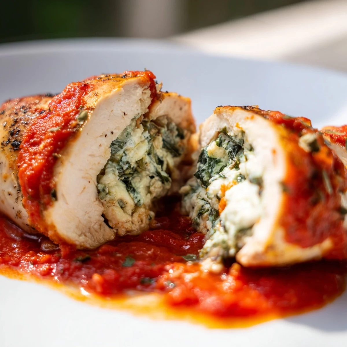A close-up of Spinach Ricotta Stuffed Chicken nestled in a skillet of simmering tomato sauce, topped with melted Parmesan and fresh basil.