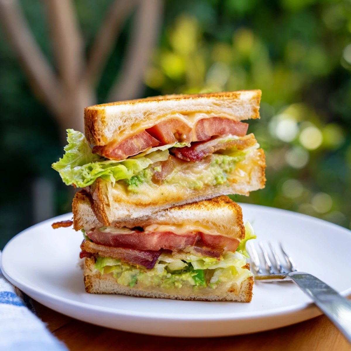 Golden-brown grilled cheese sandwich filled with crispy bacon, fresh lettuce, ripe tomato, and creamy avocado slices.  