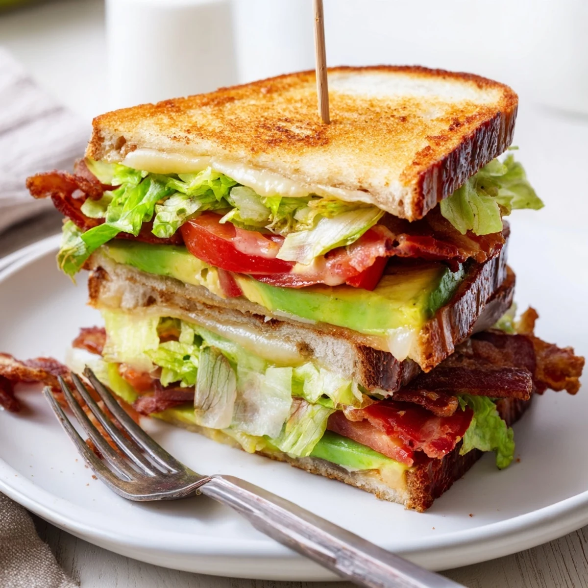 A close-up of the Avocado BLT Grilled Cheese shows thick-cut bacon and juicy tomato inside buttery bread.