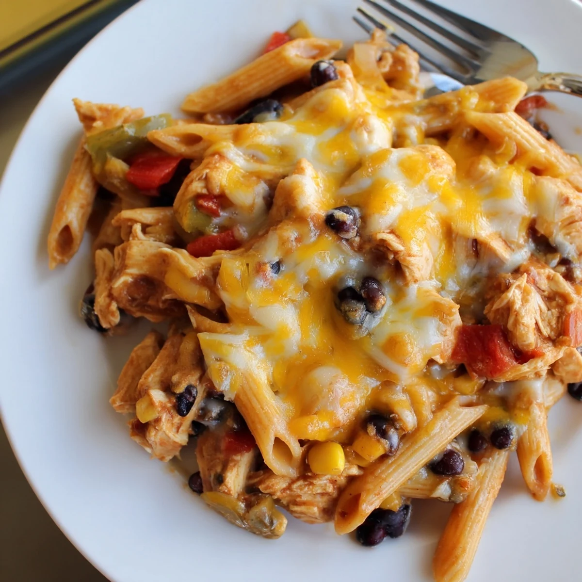 Golden, bubbly melted cheese blankets this hearty bowl of Chicken Enchilada Pasta, with black beans and penne peeking through the rich red sauce.