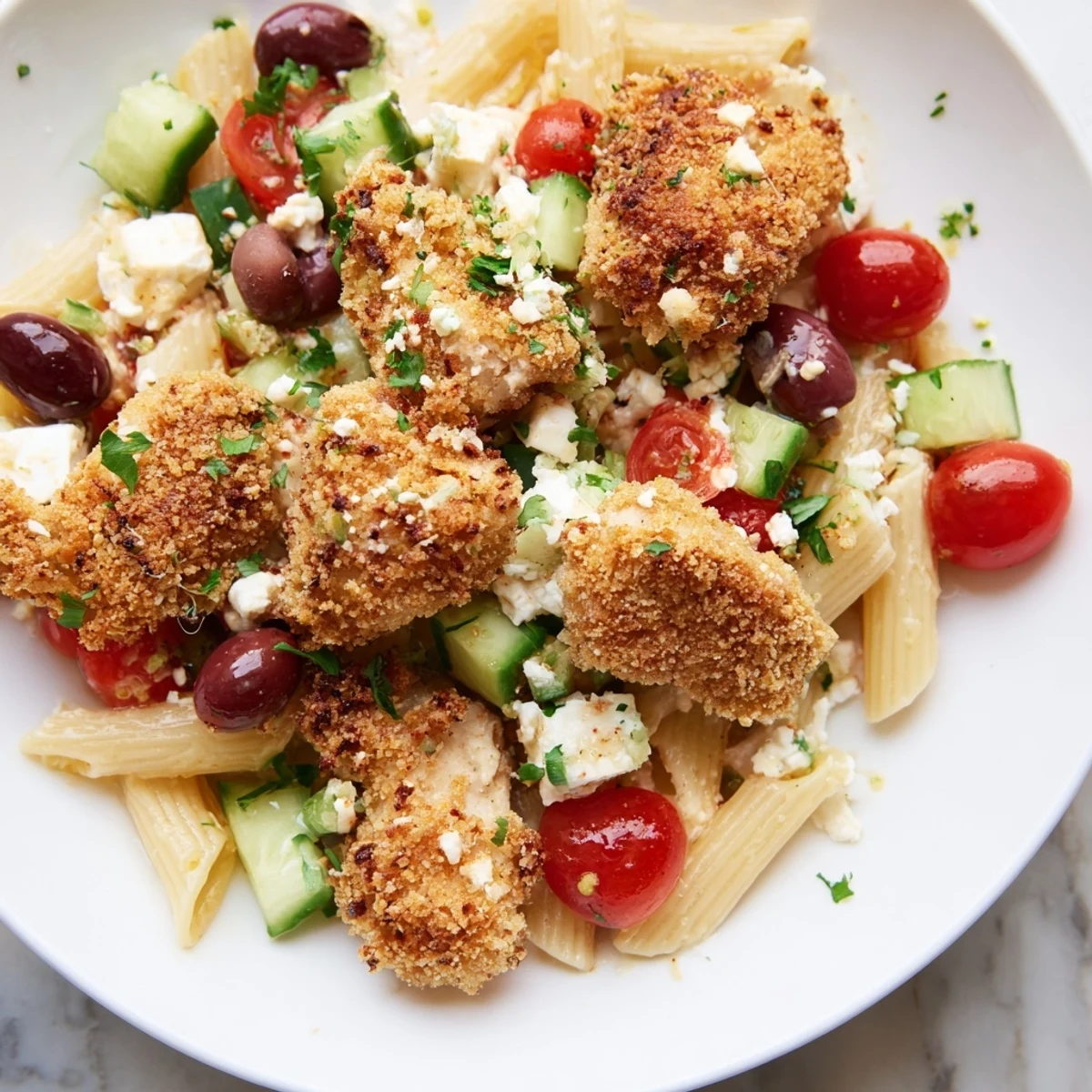 Golden crispy chicken bites, tender penne pasta, and fresh Greek salad vegetables tossed in zesty dressing.