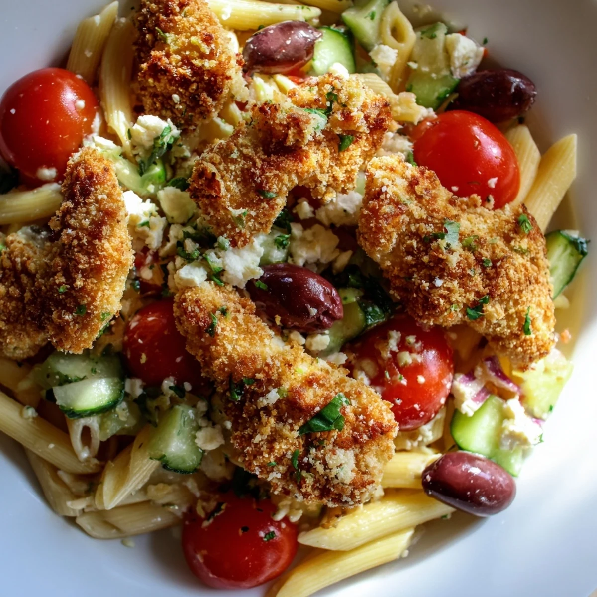 Crispy Chicken Greek Pasta showcases juicy chicken, olives, feta, and herbs served warm on a platter.