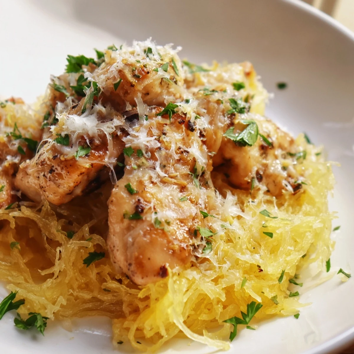 Savory Lemon Garlic Chicken Spaghetti Squash roasted until tender, with golden chicken pieces and bright lemon zest garnish.