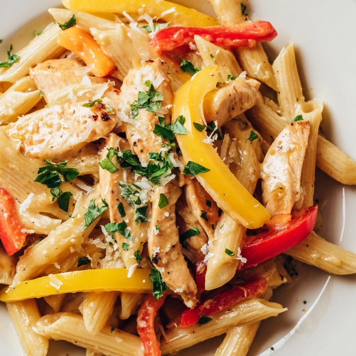 Creamy Cajun Chicken Pasta Lite features golden-seared chicken strips and penne tossed in a light, spicy cream sauce with vibrant bell peppers.  