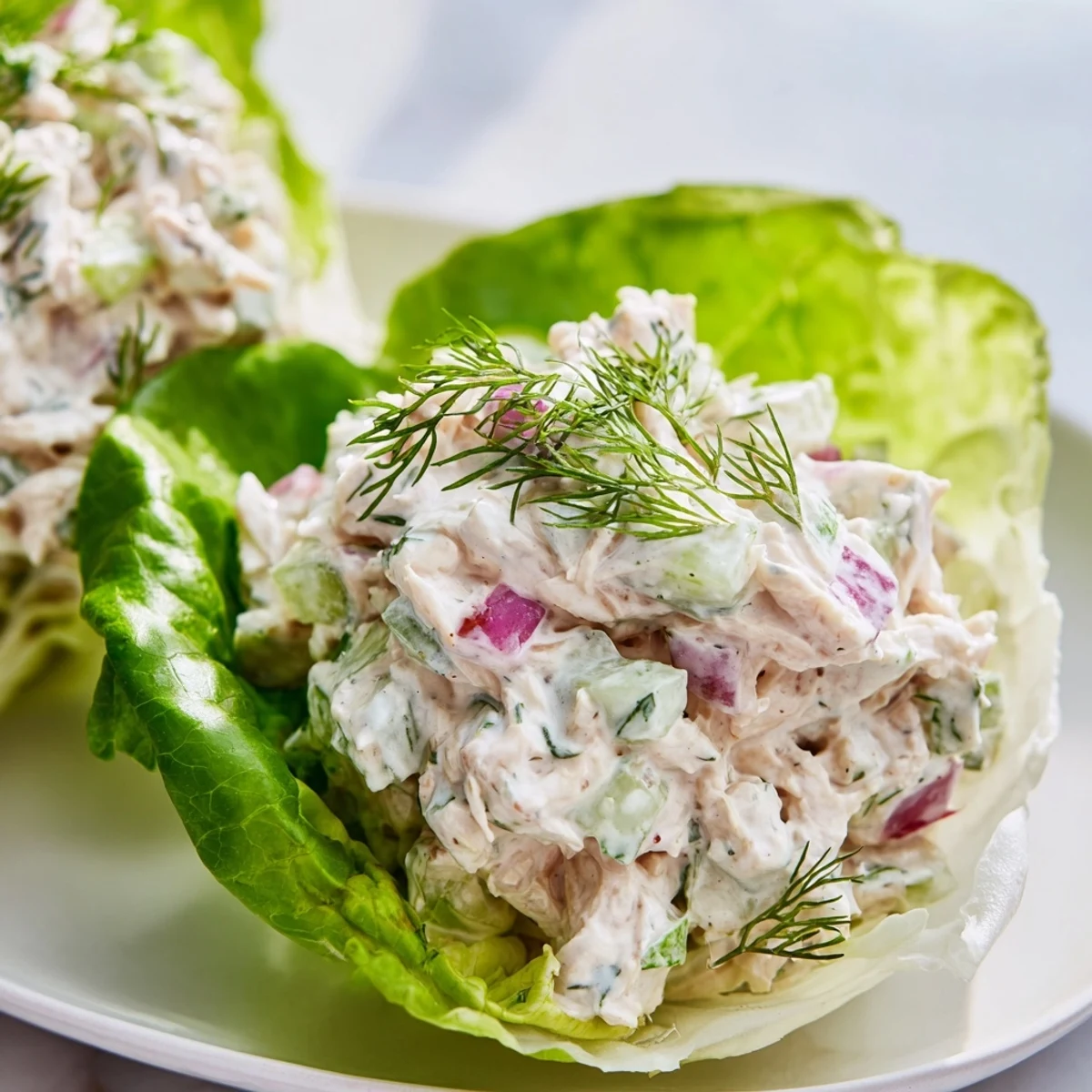 Buttery lettuce cups cradling creamy dill pickle chicken salad, garnished with fresh dill and crisp celery.
