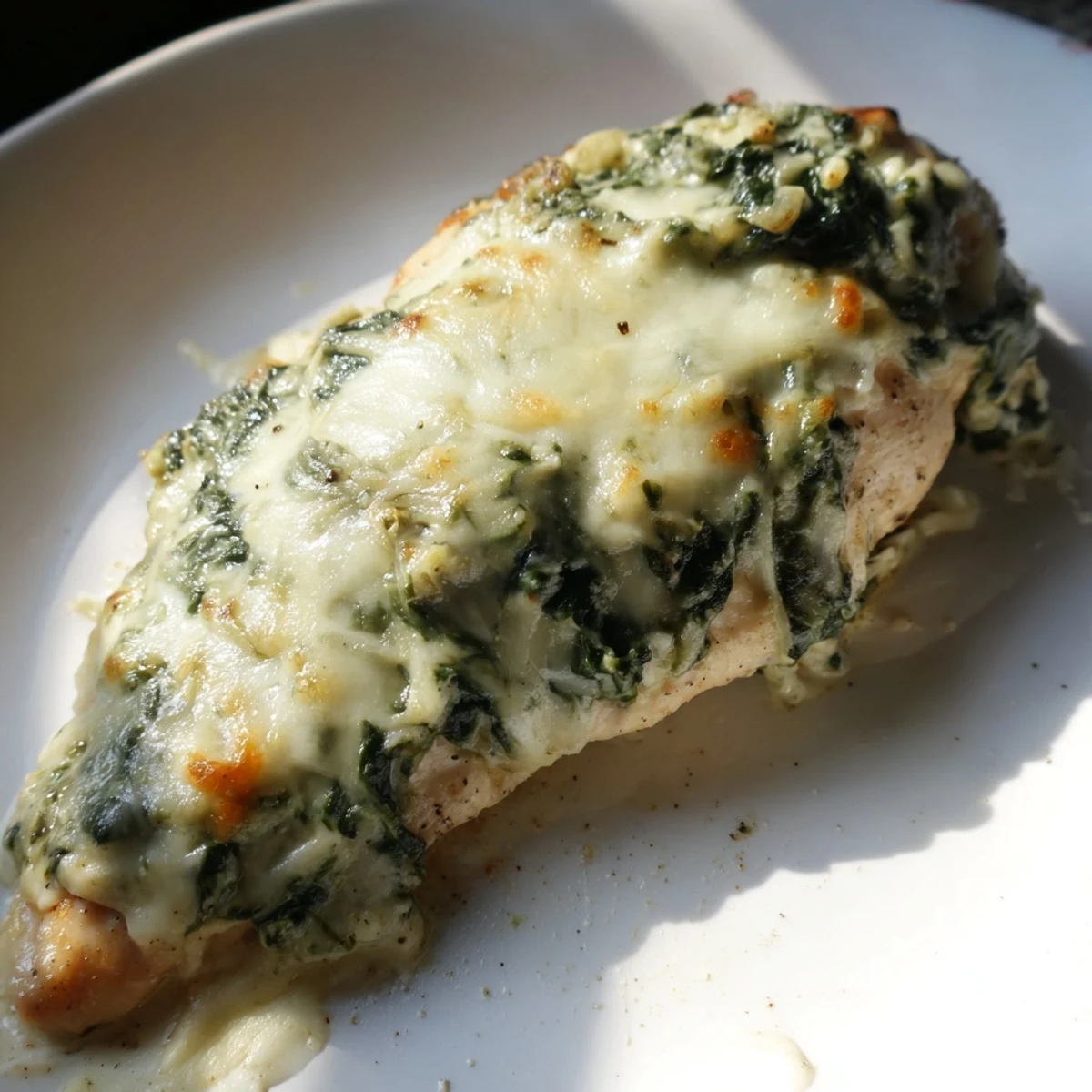 Golden-brown baked chicken breasts smothered in a creamy spinach and artichoke topping, served hot from the oven.