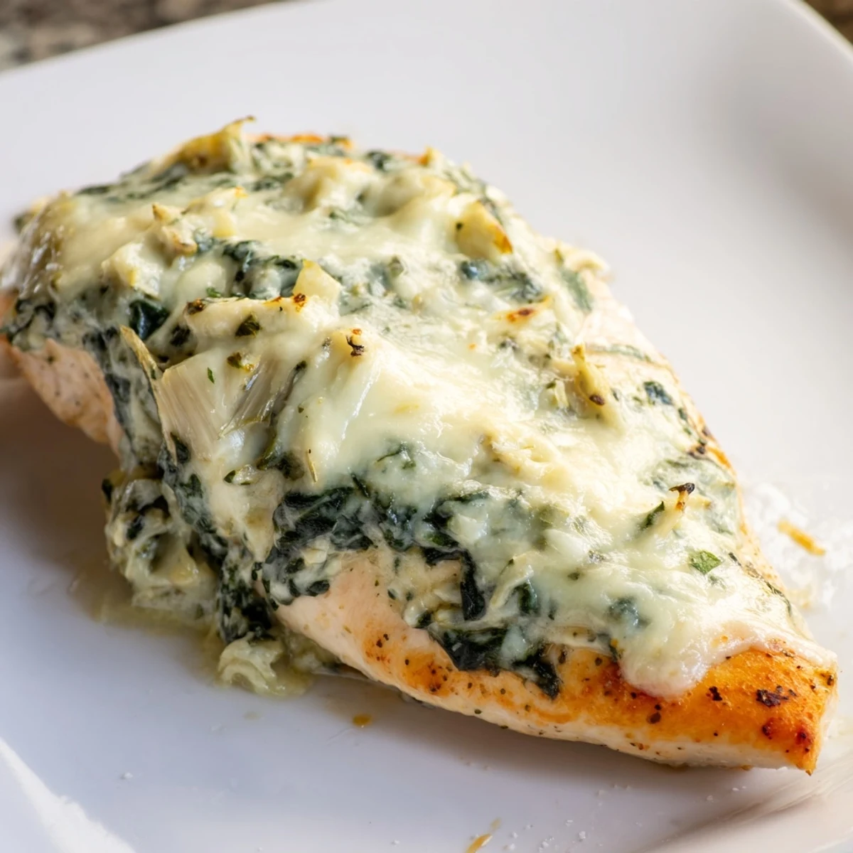 Juicy chicken breasts topped with a tangy spinach and artichoke mixture, perfect for a comforting weeknight dinner.
