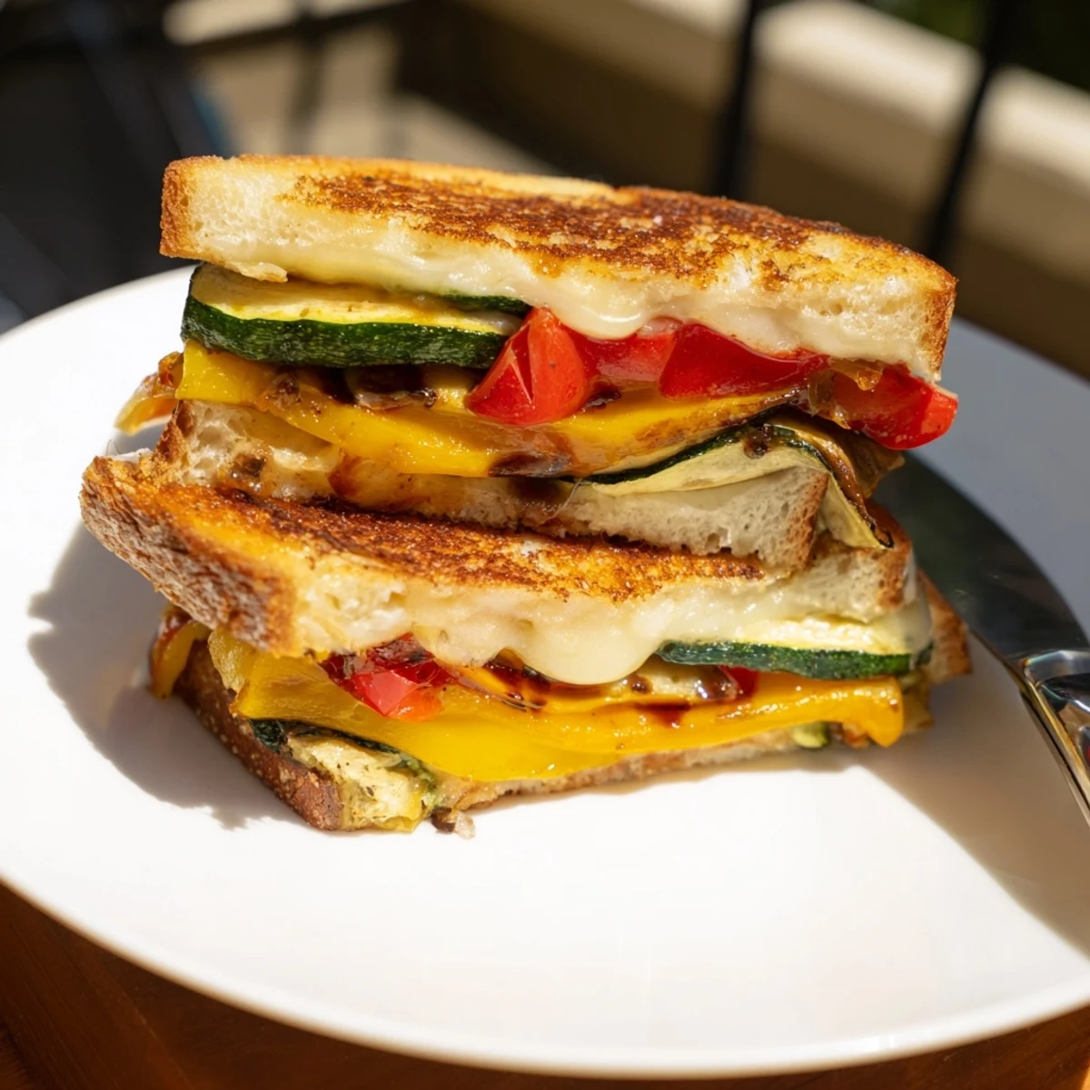 Golden, crispy sourdough sandwiches filled with roasted zucchini, bell peppers, melted mozzarella, and fresh basil.