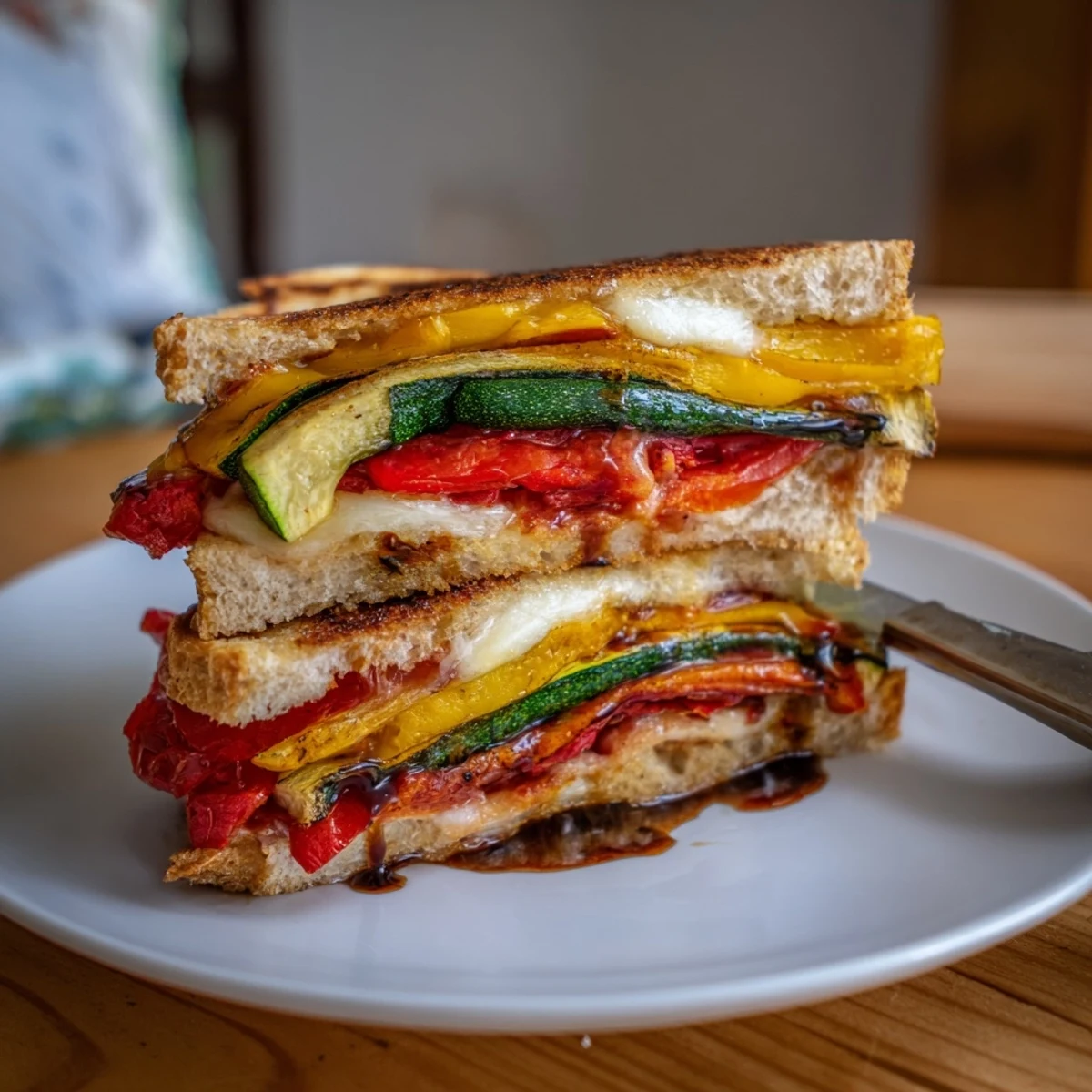 A close-up of a grilled Roasted Veggie Caprese Grilled Cheese, garnished with basil and balsamic glaze.