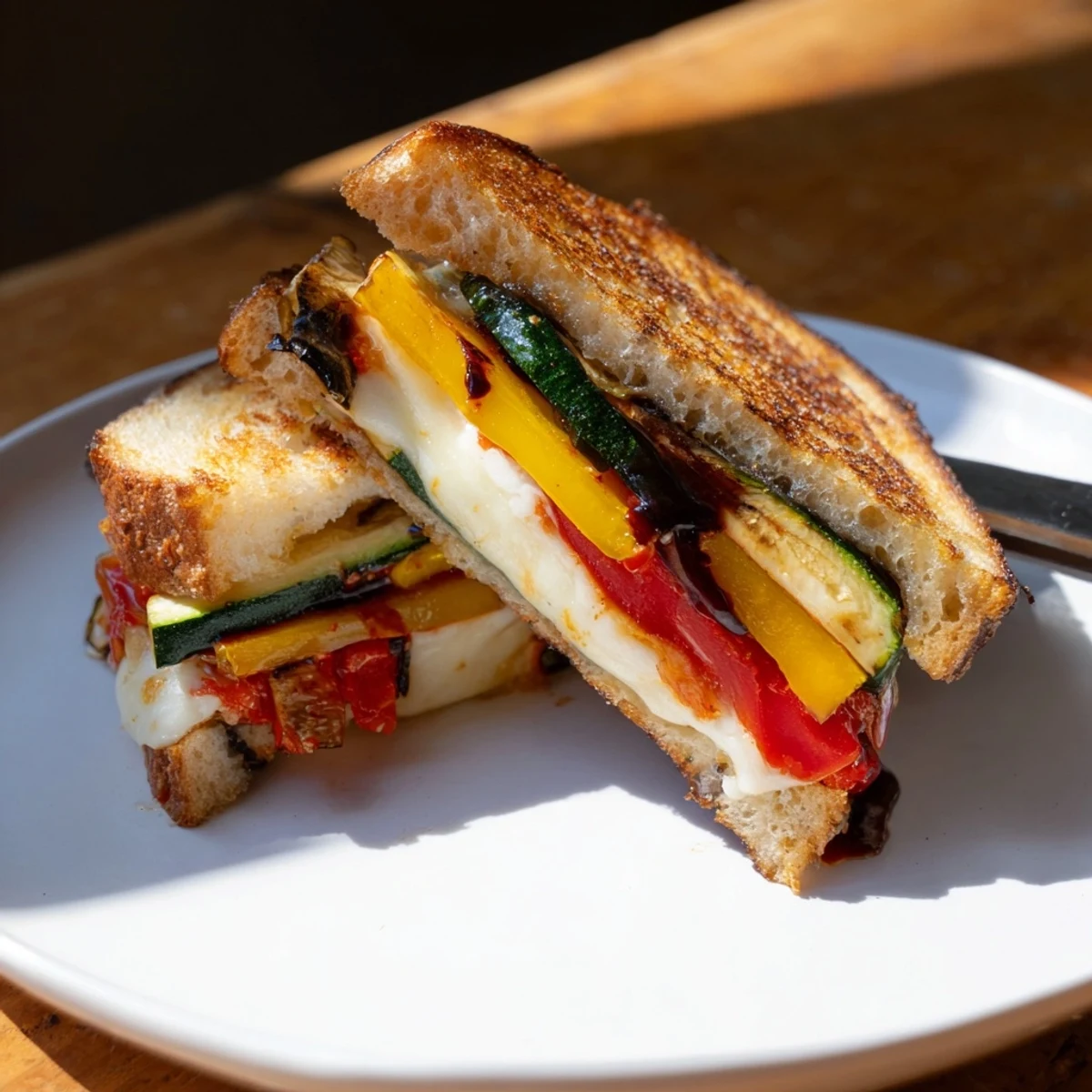 A toasted Roasted Veggie Caprese Grilled Cheese with melted mozzarella and vibrant roasted vegetables.