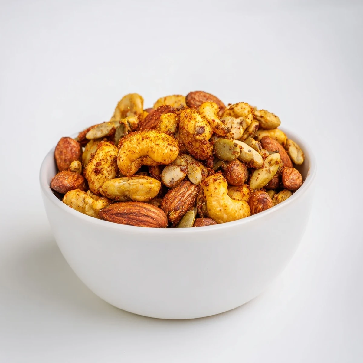 Golden-brown Spiced Nuts and Seeds Mix glistening with olive oil and aromatic spices on a parchment-lined baking sheet.