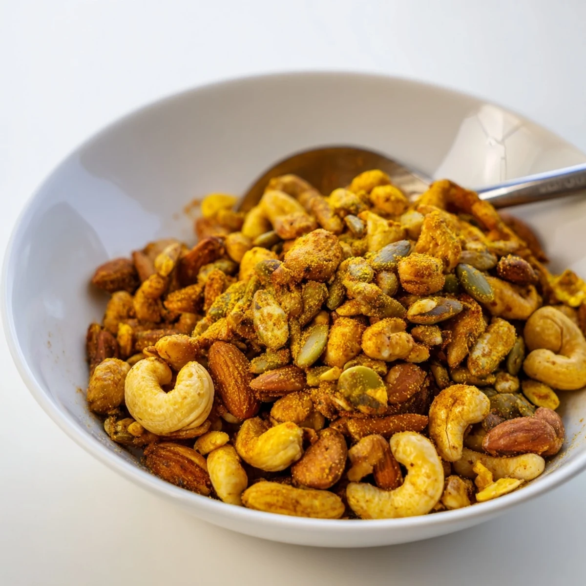 A close-up of freshly baked Spiced Nuts and Seeds Mix, showcasing a crunchy blend of almonds, cashews, and pepitas.