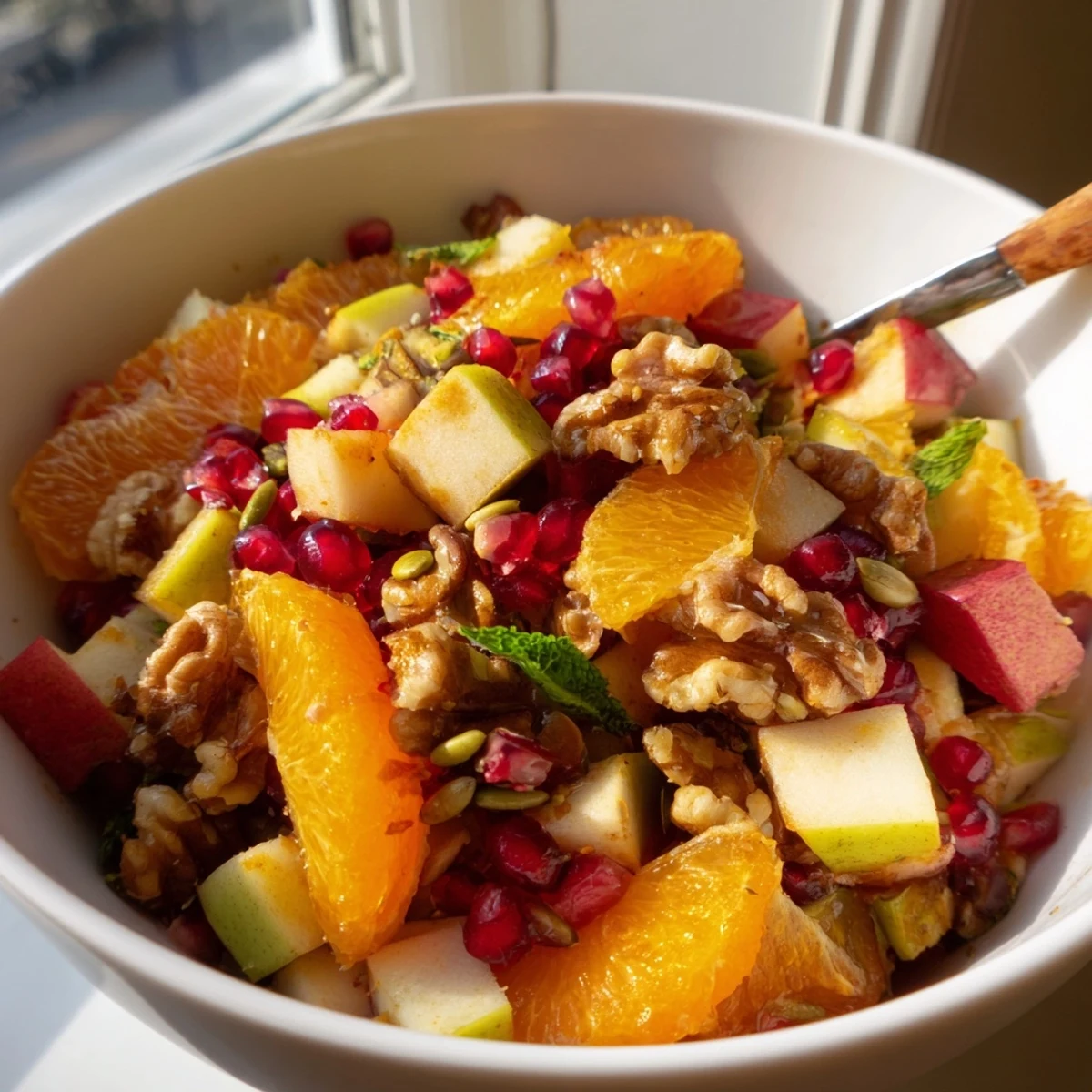 Overhead view of Pomegranate and Walnut Salad with vibrant orange segments, pumpkin seeds, and sunflower seeds tossed with walnuts.