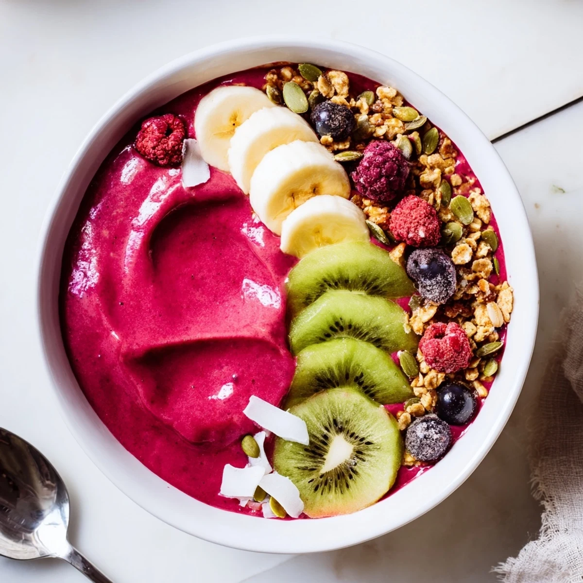 Thick and creamy Beet and Berry Smoothie Bowl in a white bowl, loaded with granola and fresh fruit toppings.