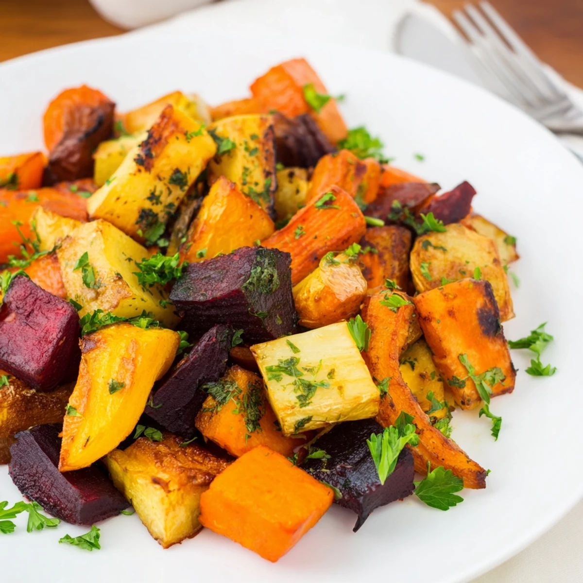 A close-up of roasted root vegetable medley, featuring glossy, caramelized carrots, parsnips, and sweet potatoes on a white platter, garnished with fresh thyme.