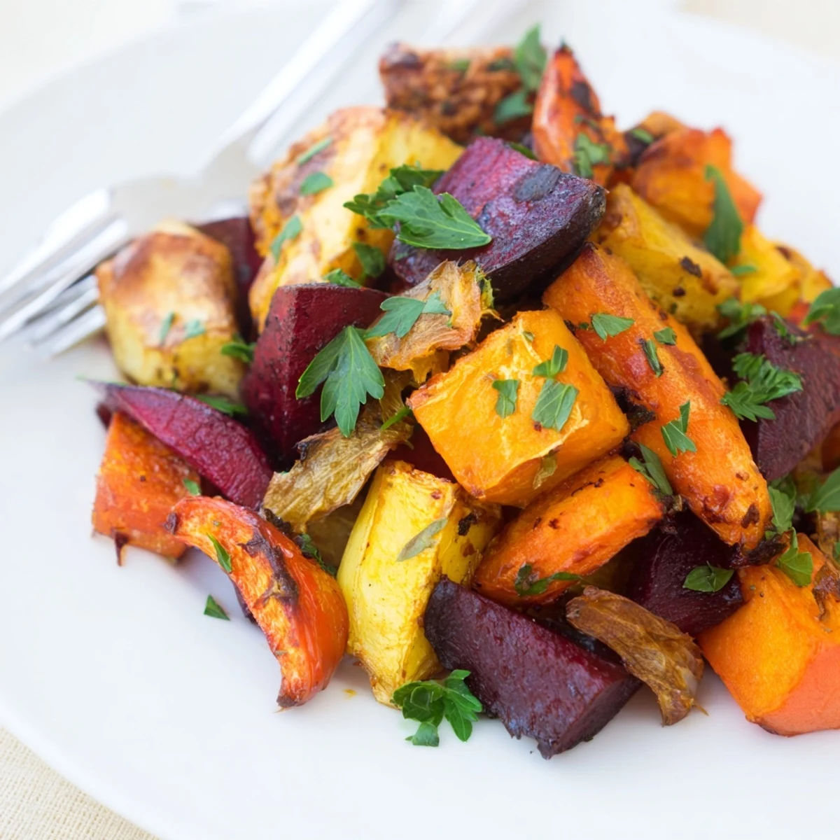 Roasted root vegetable medley served warm as a colorful side dish, surrounded by herb sprigs and a rustic wooden table setting for an inviting dinner spread.