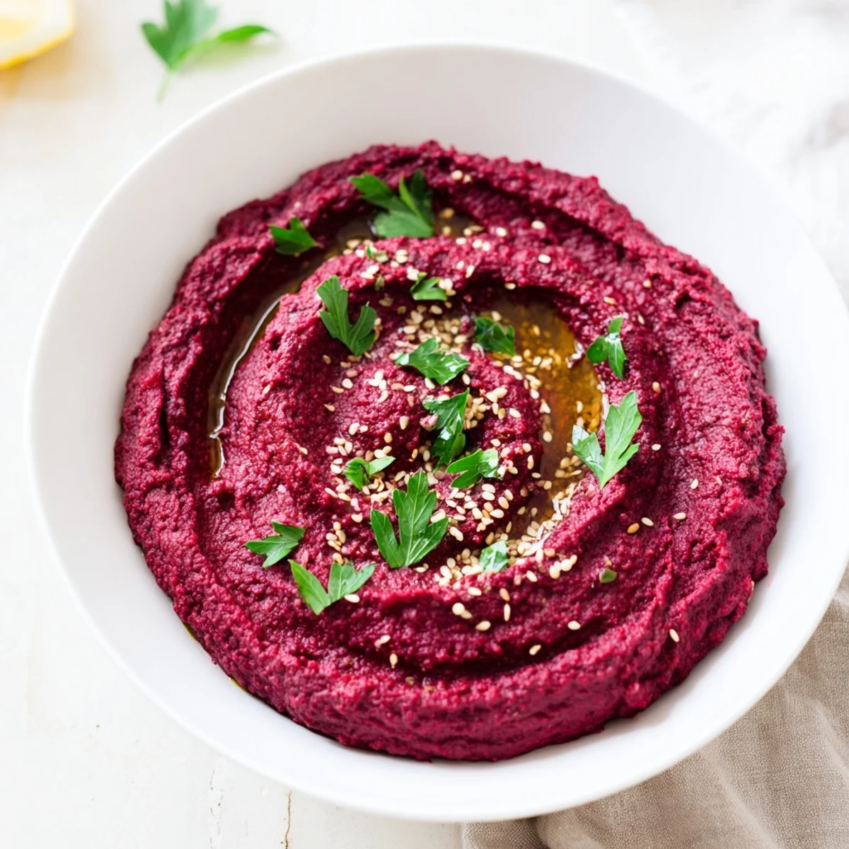 Vibrant roasted beet hummus in a white bowl, garnished with parsley and a drizzle of olive oil, perfect for dipping fresh vegetables.  