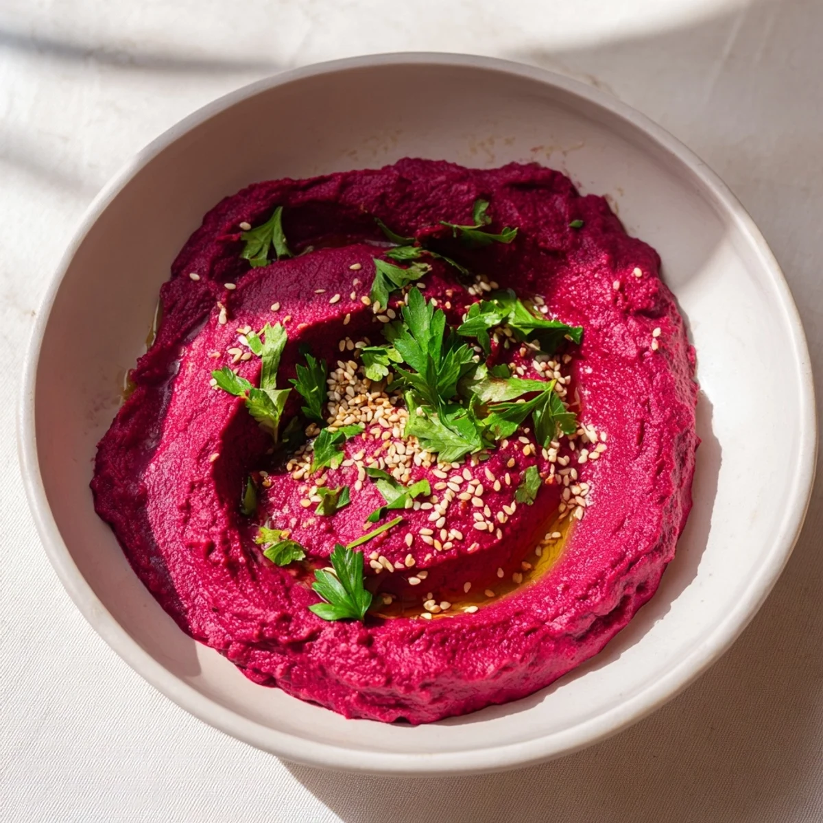 Creamy homemade roasted beet hummus served with pita chips and lemon wedges, showcasing its rich magenta color and smooth texture.  