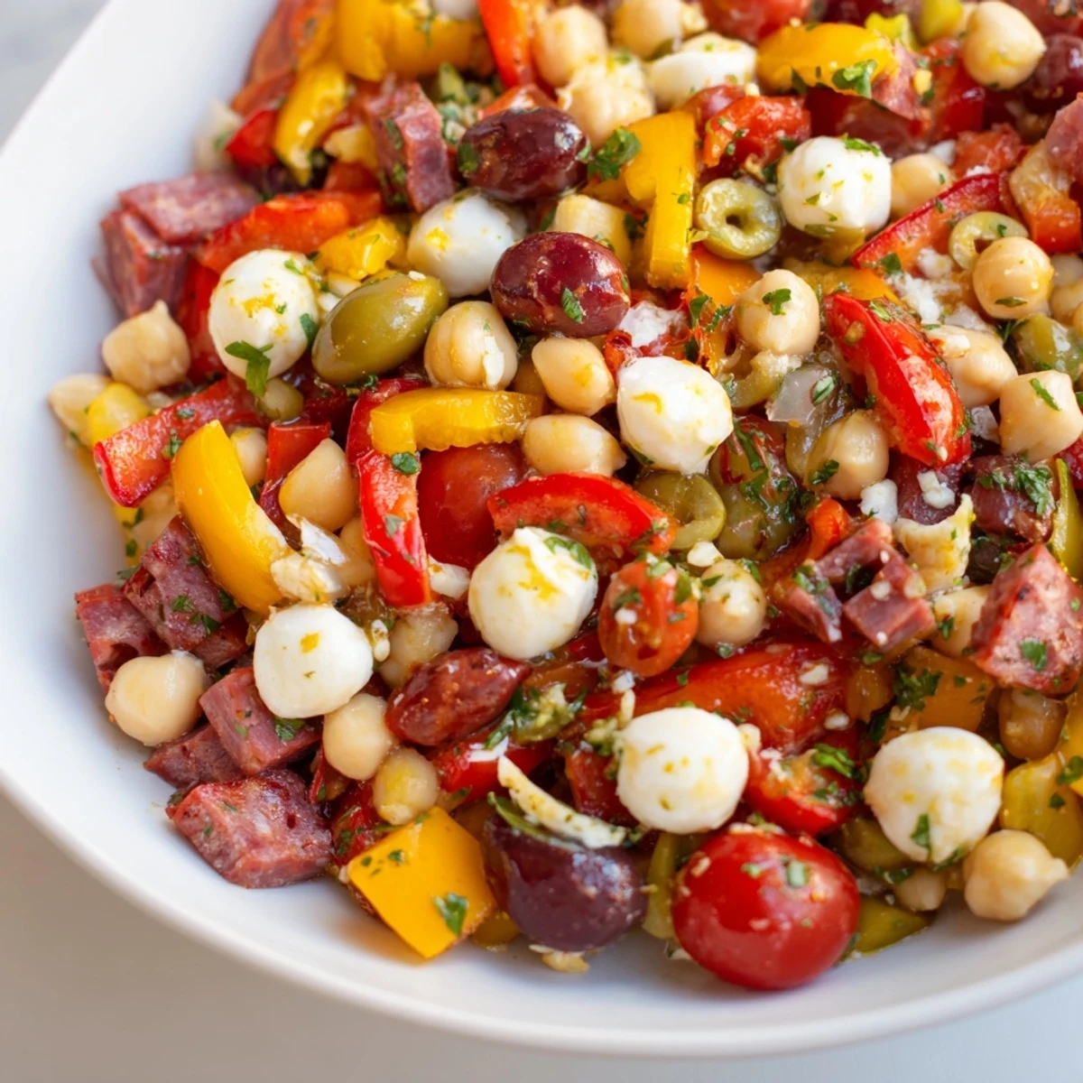 A vibrant, crunchy antipasto chopped salad with chickpeas, salami, mozzarella, and fresh vegetables tossed in zesty Italian dressing.