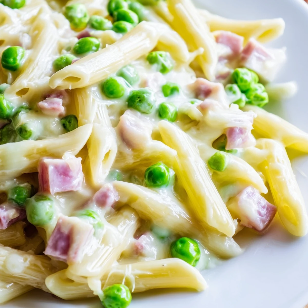 Tossing penne pasta in a creamy sauce with sweet spring peas and savory diced ham, garnished with fresh parsley.  
