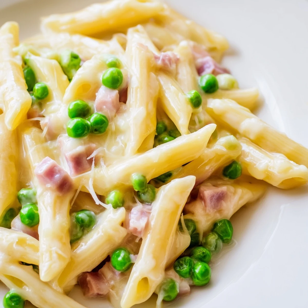 A close-up of Spring Pea & Ham Pasta, featuring bright green peas and golden-brown ham nestled in penne.  