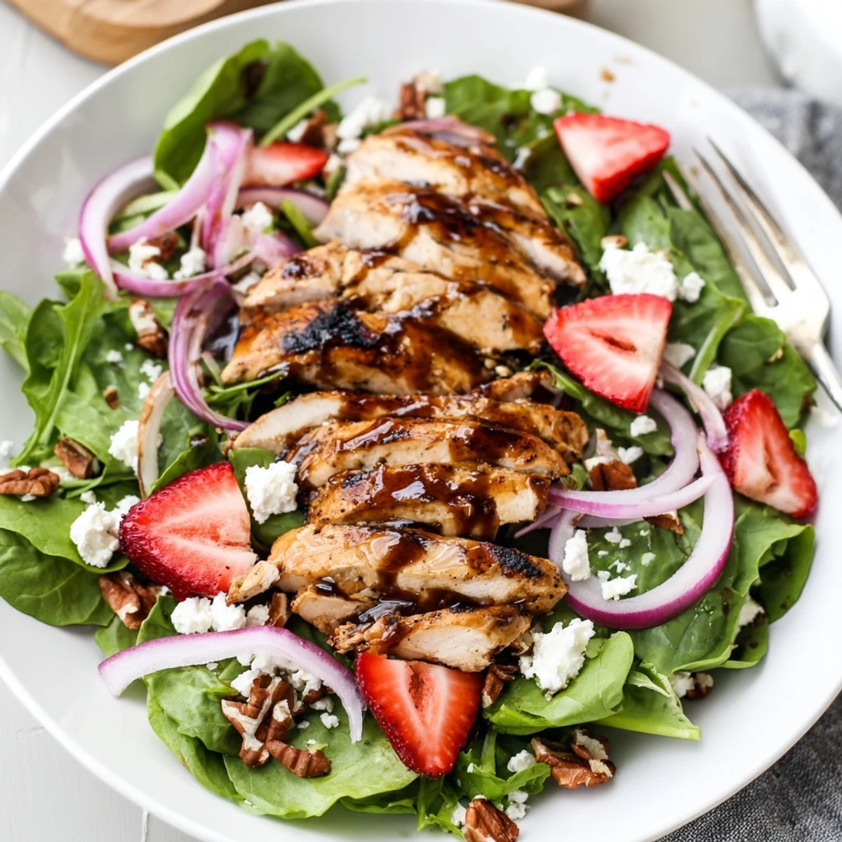 A plated Honey Balsamic Chicken Salad with juicy grilled chicken, strawberries, and red onion, finished with a glossy glaze.