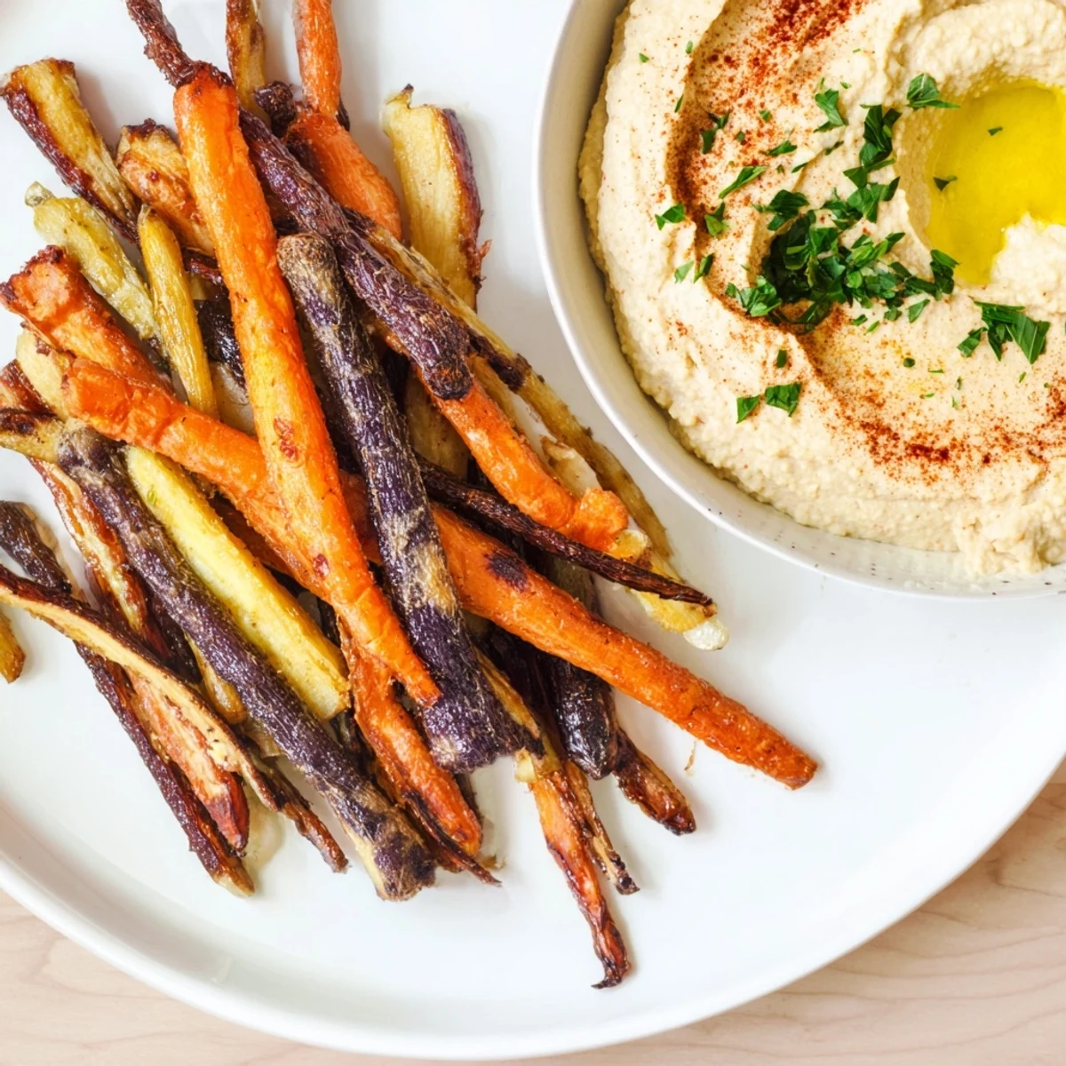 Colorful rainbow carrots roasted to tender perfection, served warm alongside smooth hummus for a healthy, shareable Mediterranean appetizer.  