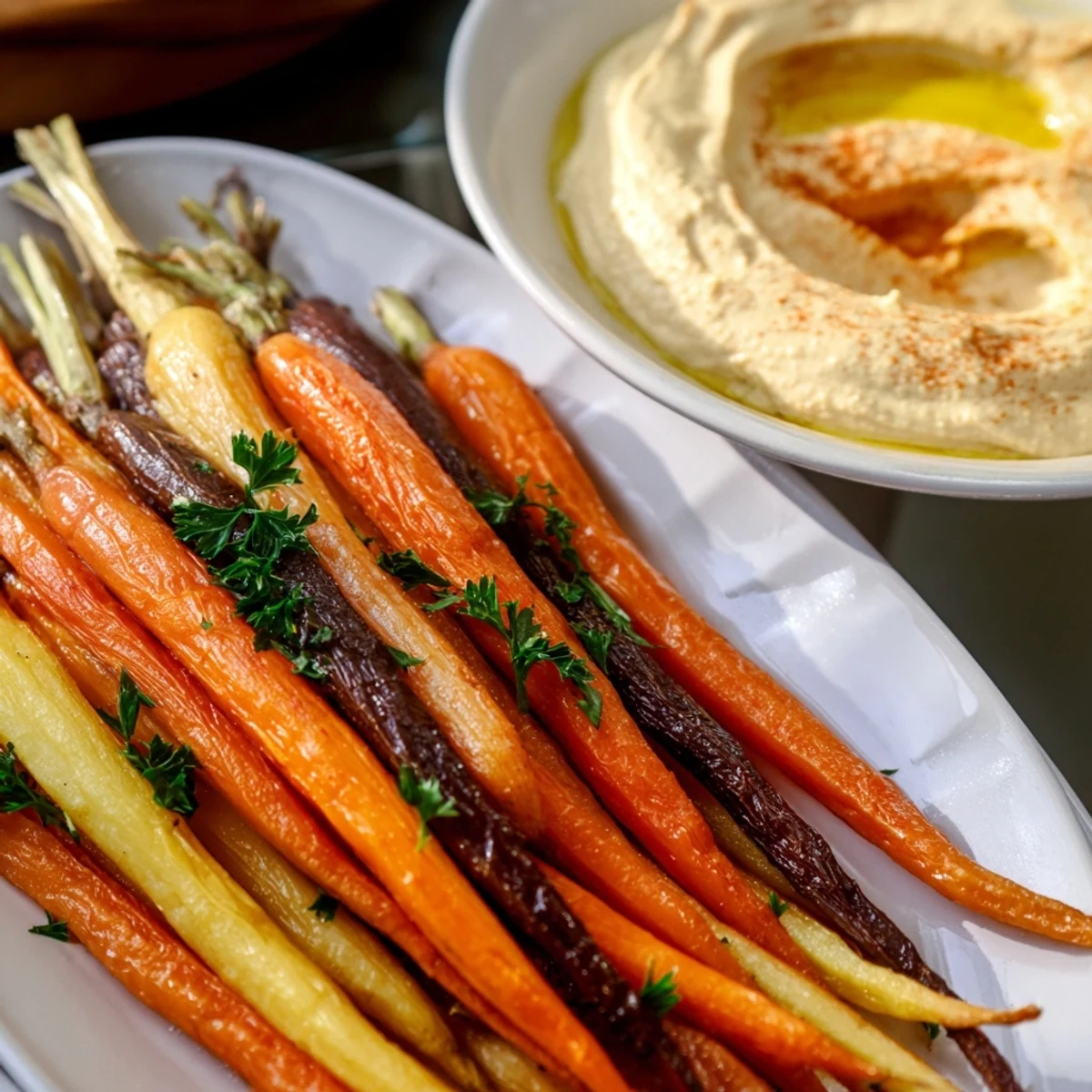 Oven-roasted rainbow carrots with caramelized edges, paired with a bowl of rich hummus and a sprinkle of smoked paprika.