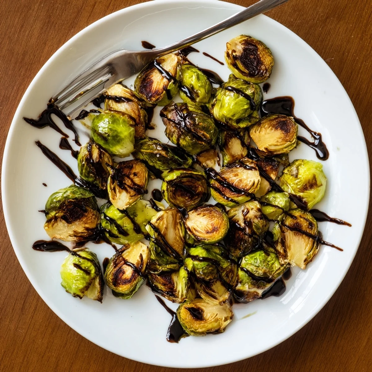 Roasted Brussels sprouts with balsamic reduction, golden-brown edges, and a glossy drizzle for a sweet-savory bite.