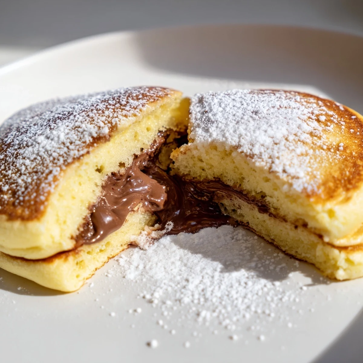 Close-up of a Nutella Stuffed Pancake cut open to reveal the gooey, melted chocolate hazelnut center.