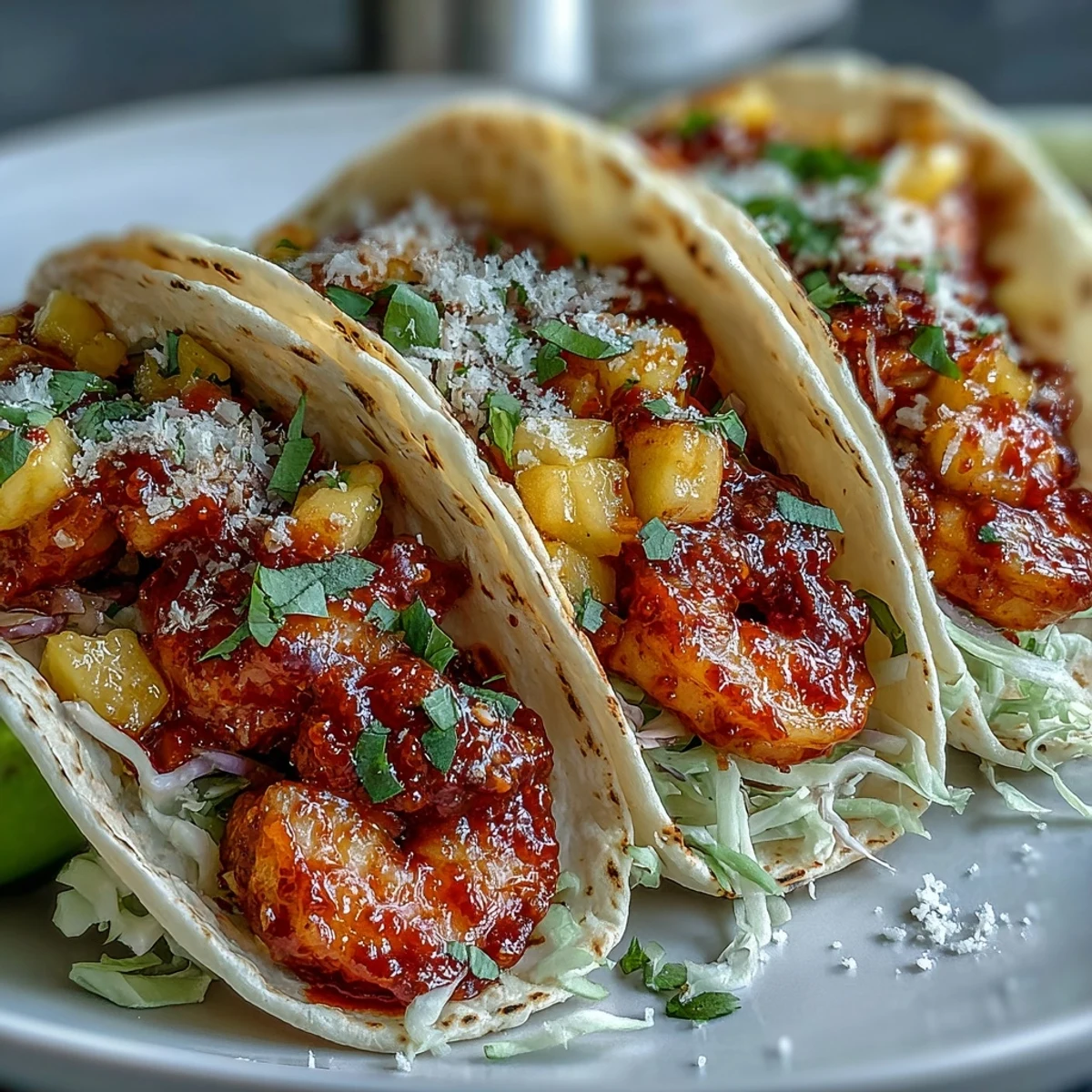 Sriracha Shrimp Tacos with Mango Salsa piled high with juicy shrimp and zesty fruit salsa.