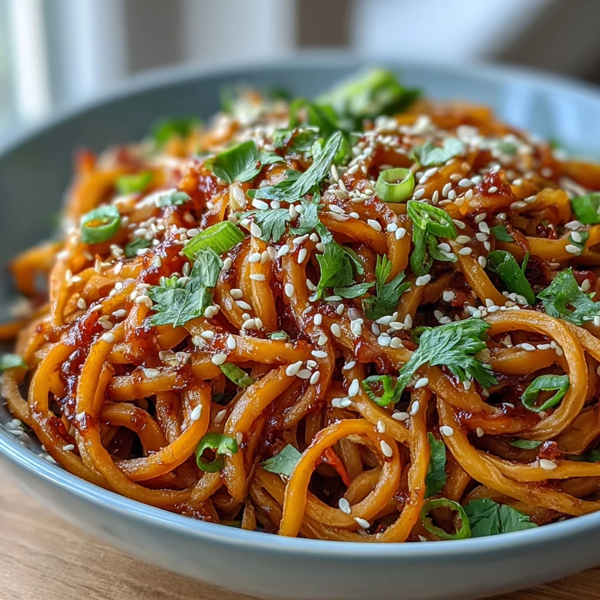Roasted swede ribbons and rice noodles coated in a vibrant, spicy gochujang dressing.