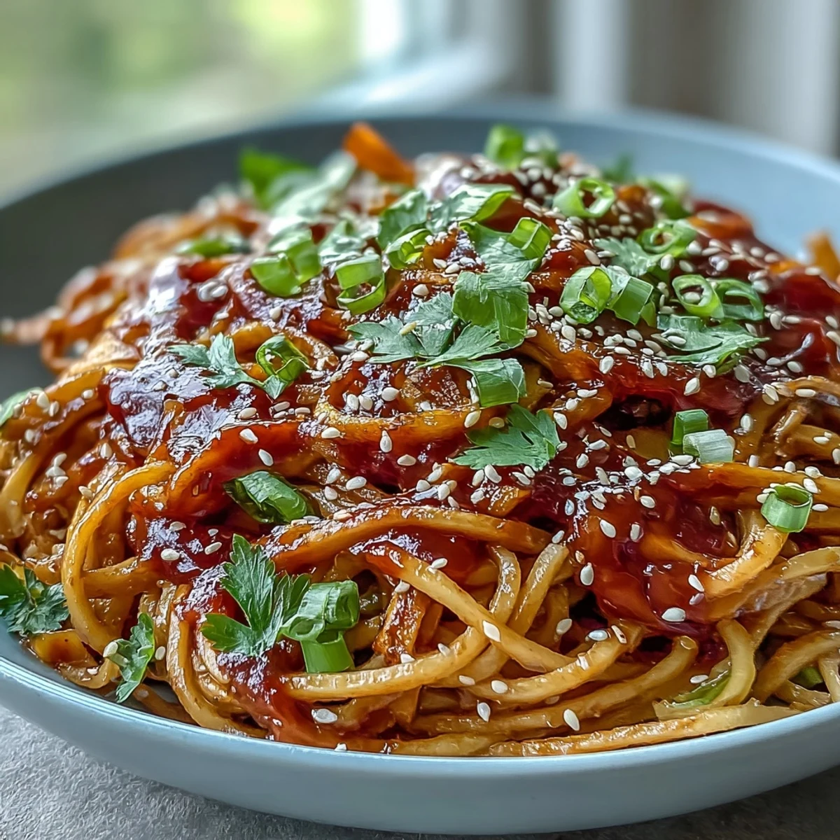A colorful bowl of Gochujang Swede Noodles with fresh vegetables and toasted sesame seeds.