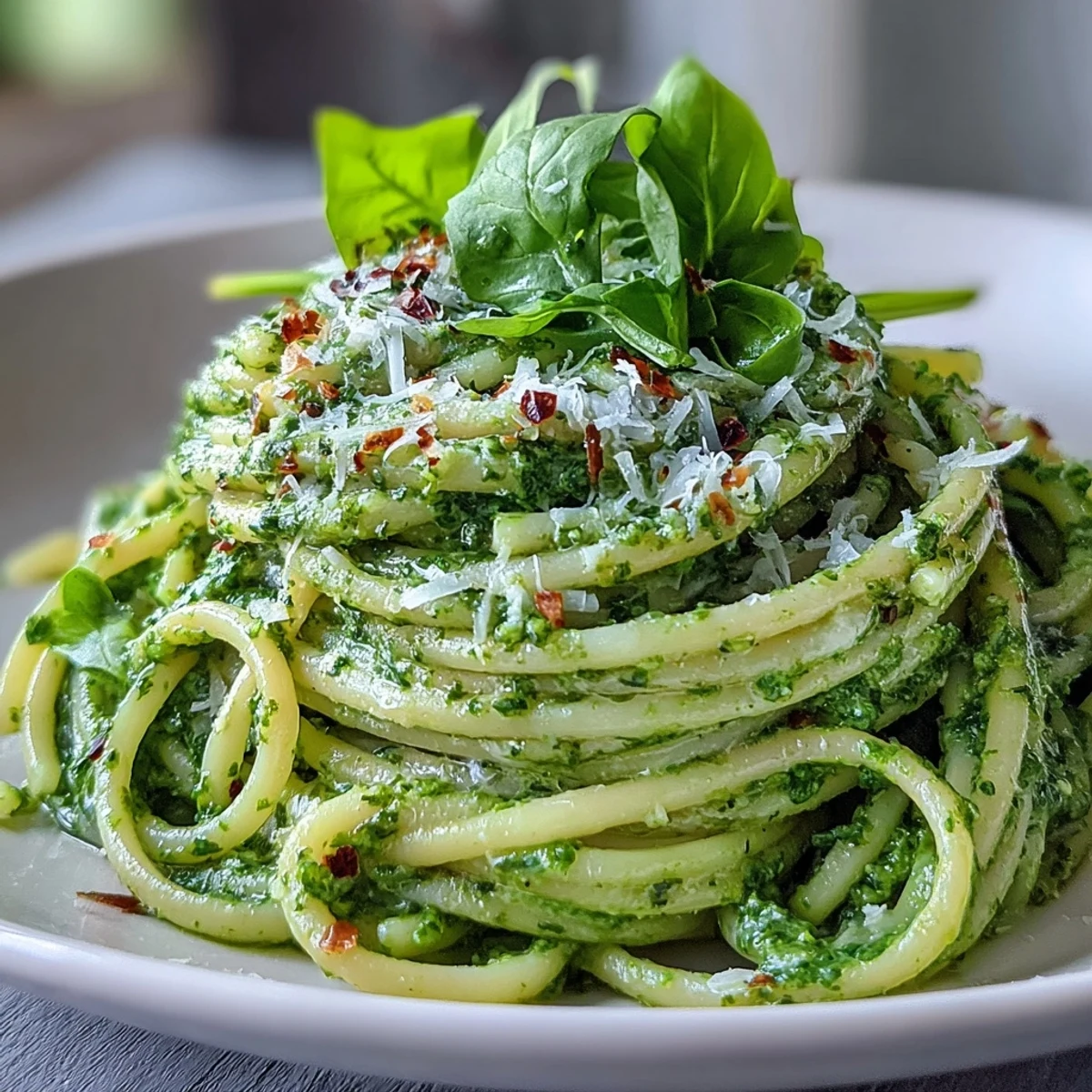 Creamy Linguine with Arugula Pesto served in a white bowl, bright green sauce coating each strand beautifully.