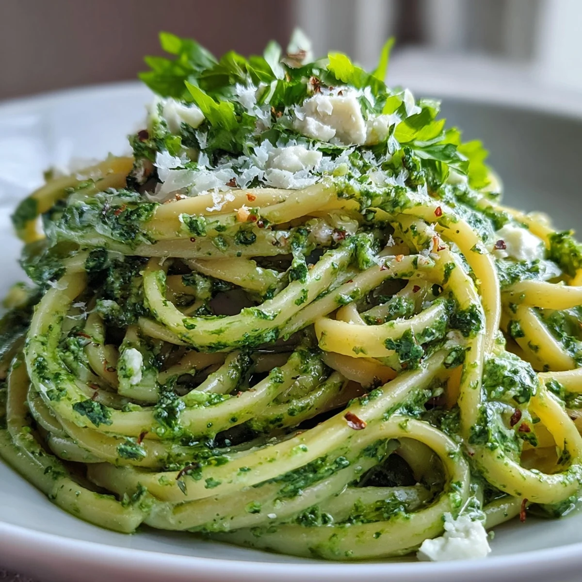 Restaurant-style plate of Linguine with Arugula Pesto beside a wine glass, lemon wedges, and extra pesto.