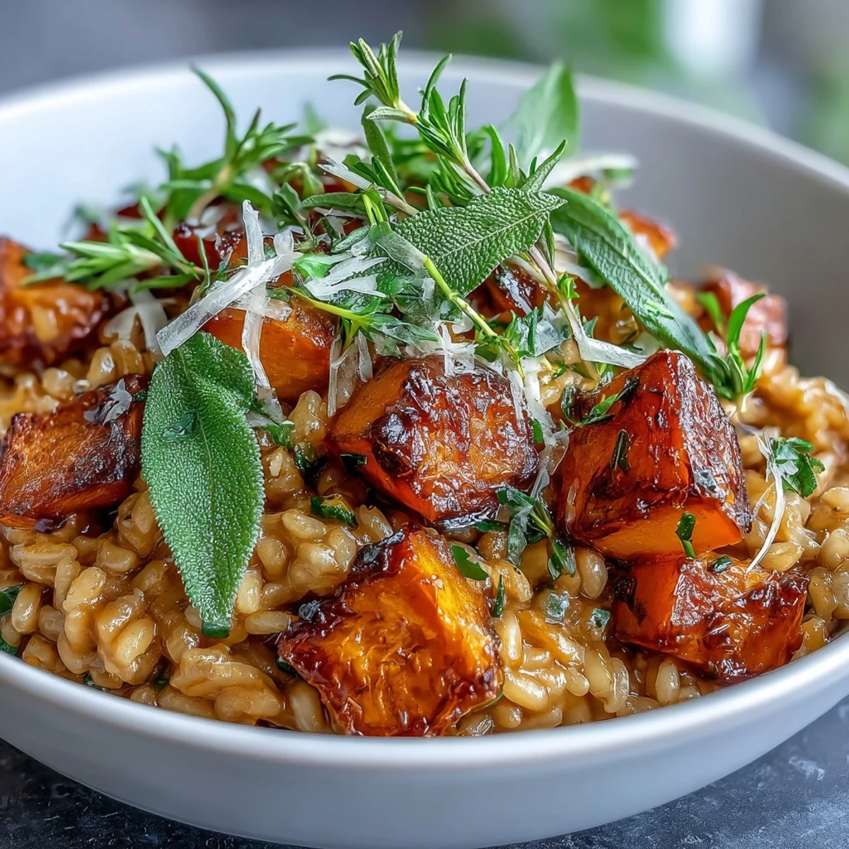 Spoon dipping into a rich pot of Vegan Pumpkin Risotto, showcasing the creamy texture and tender roasted pumpkin cubes.
