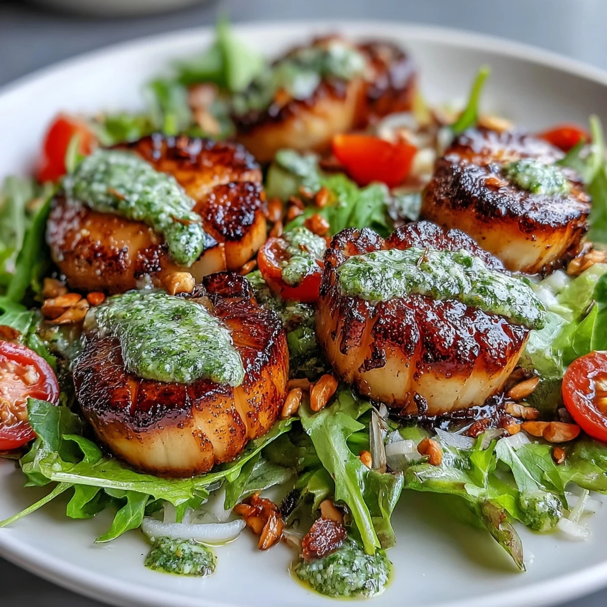 A close-up showcases plump scallops with a caramelized crust next to crisp greens and toasted pine nuts on the plate.