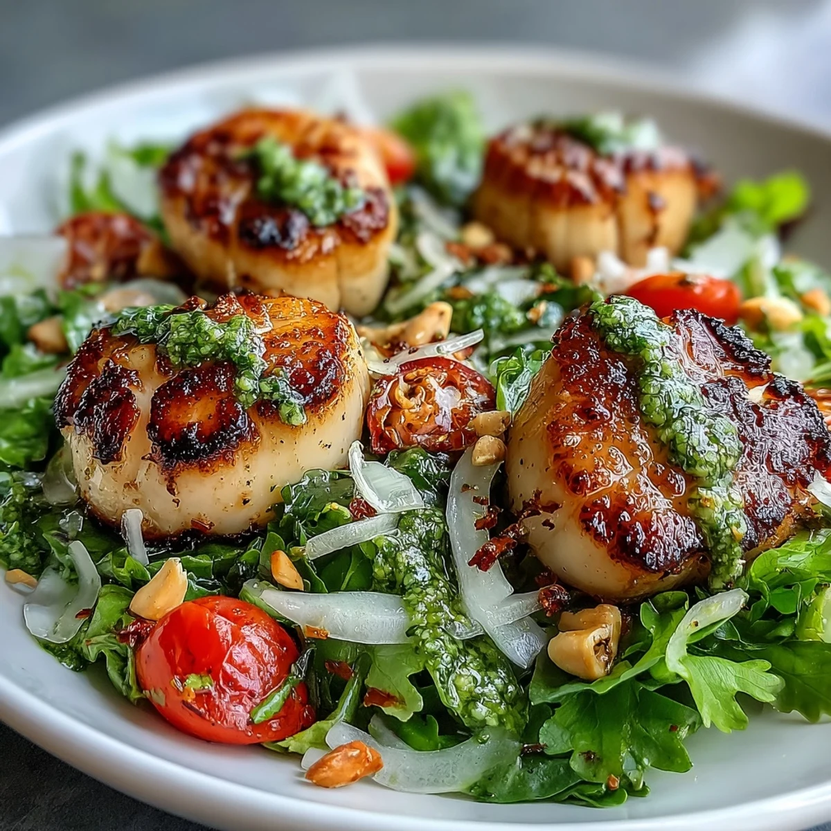 Dinner is served: four plates of succulent scallops and escarole salad, ready to be enjoyed with a light white wine.