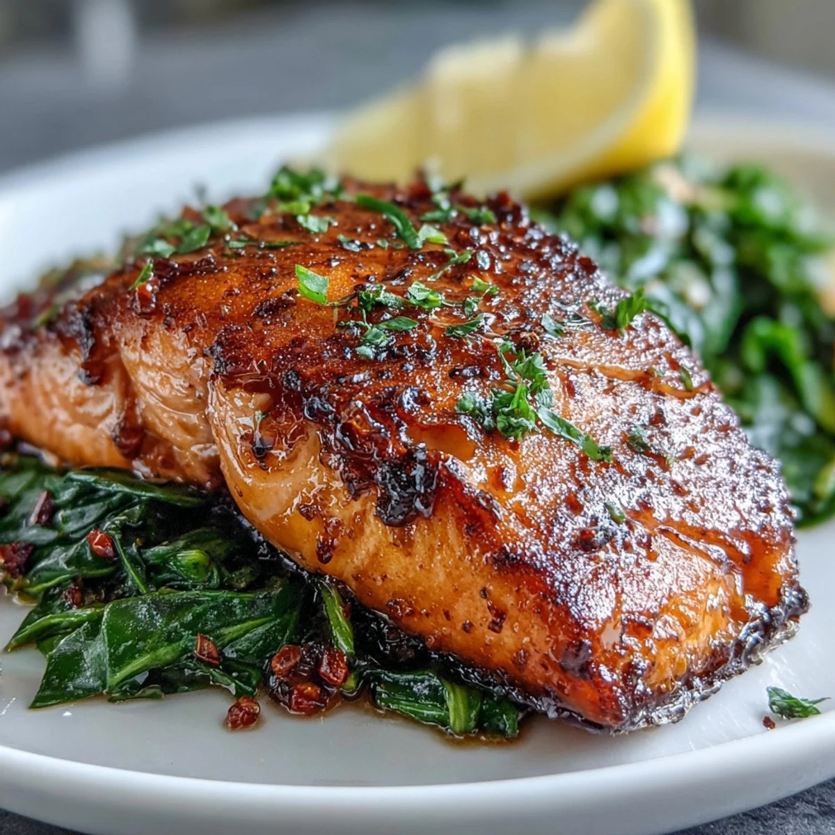 Juicy Air Fryer Salmon and Swiss Chard with tender leaves and lemon wedges, ideal for a low carb weeknight meal.