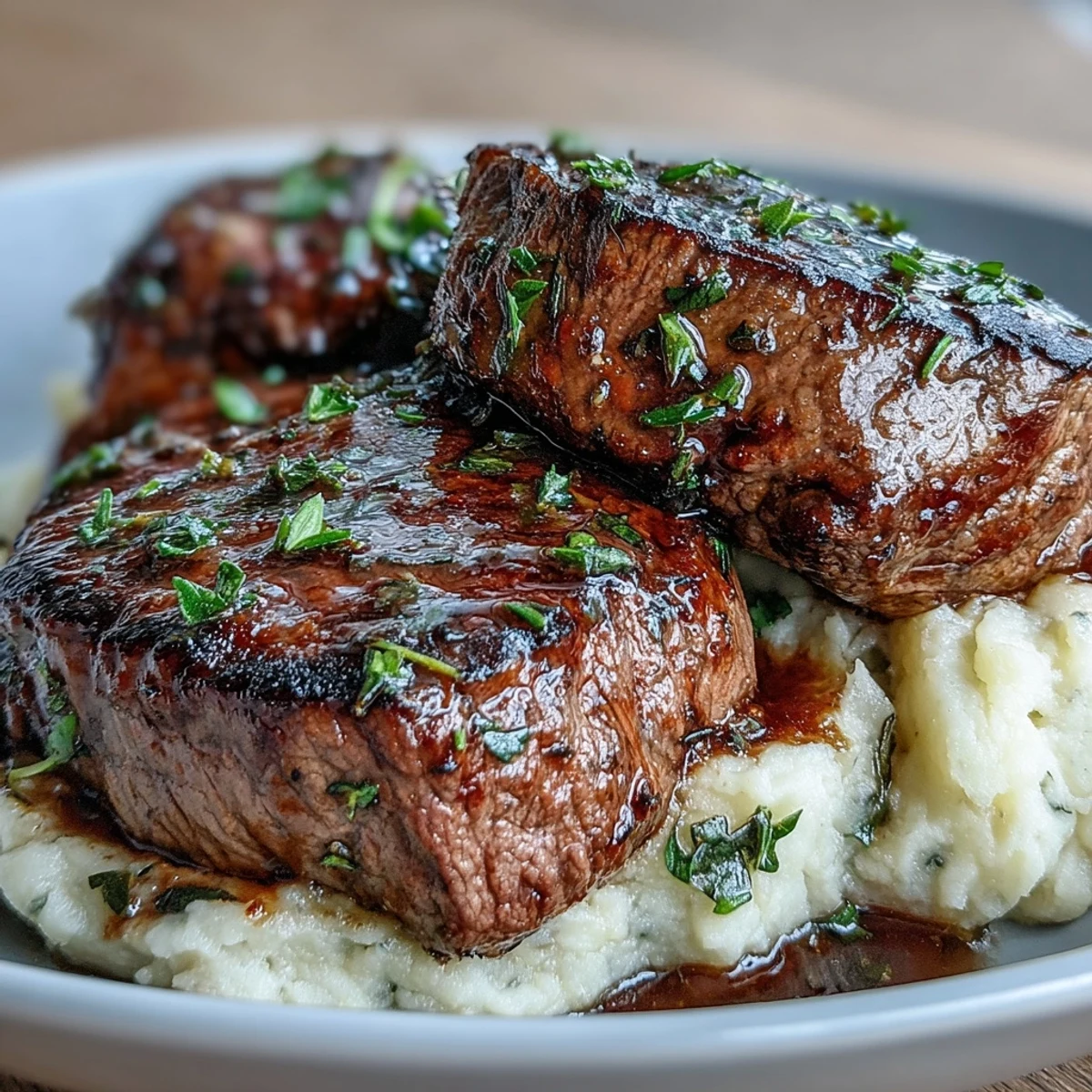 Tender venison steaks resting over buttery crushed swede mash with caraway seeds and a drizzle of red wine sauce.