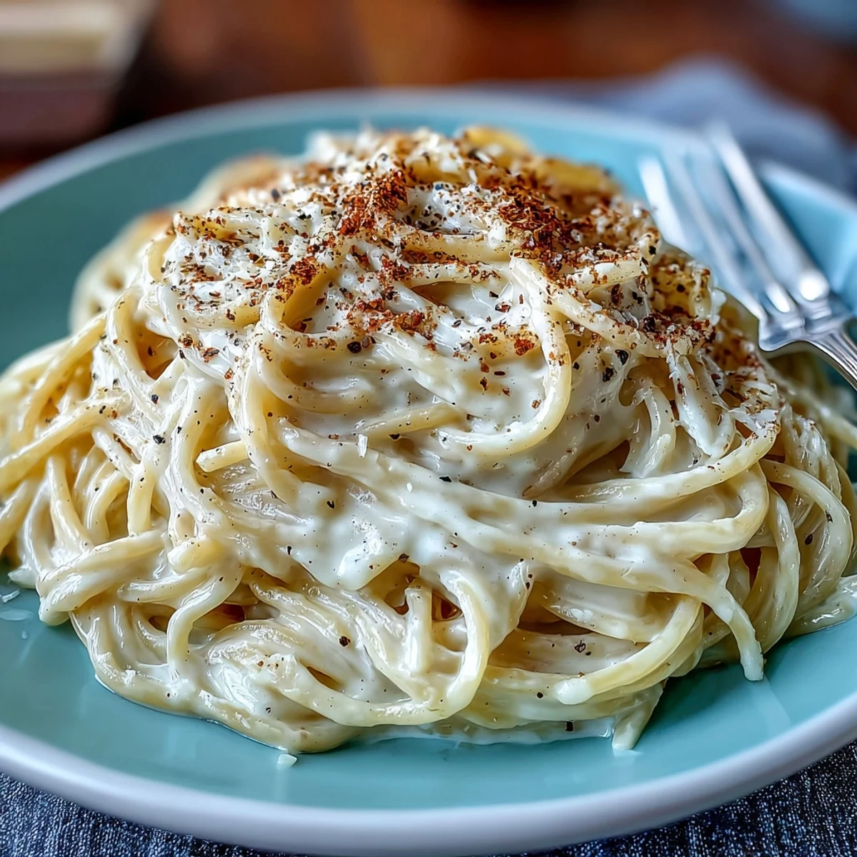 A bowl of Cacio e Pepe pasta is topped with freshly cracked black pepper and extra grated cheese.