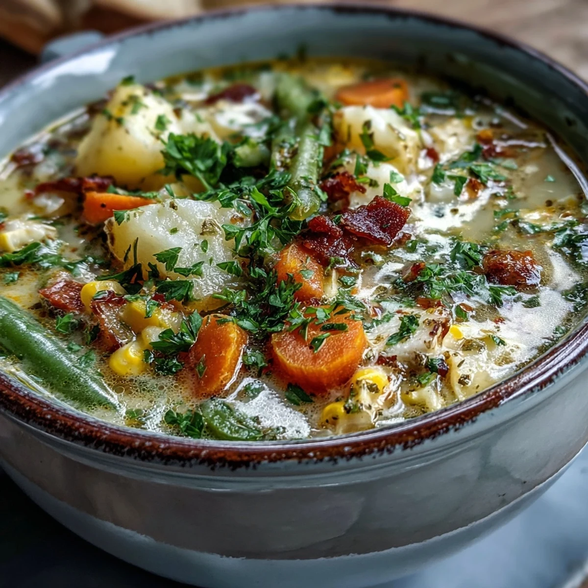 Creamy Amish Snow Day Soup with tender vegetables and fresh parsley garnish, steaming in a cozy rustic bowl.