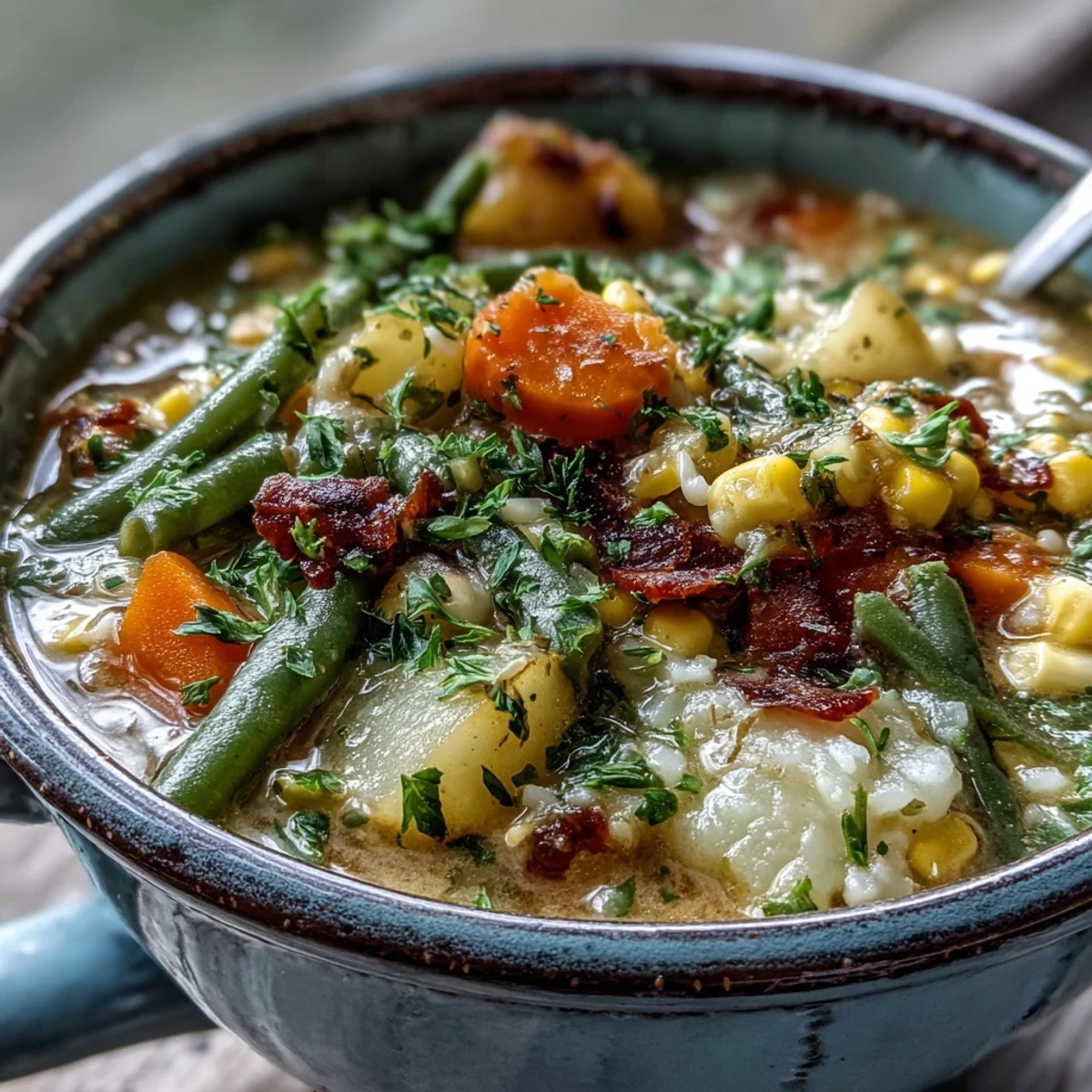 A bowl of Amish Snow Day Soup simmered with carrots, potatoes, and thyme beside crusty bread for dipping.
