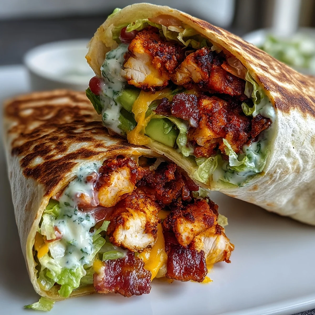 Freshly grilled Crispy Chicken Bacon Wrap stuffed with smoky bacon, melted cheddar, and ripe avocado slices.