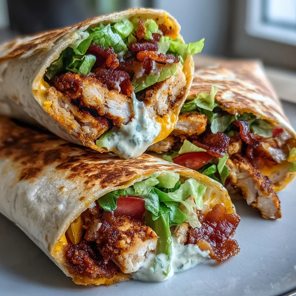 Homemade Crispy Chicken Bacon Wrap served on a wooden board with creamy sauce and diced tomatoes.