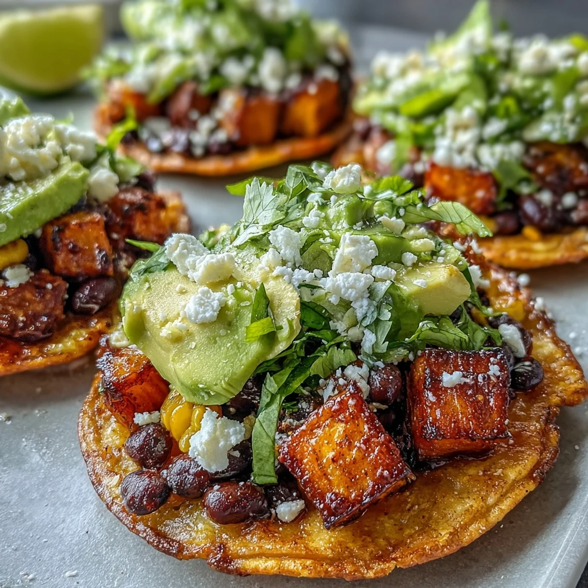 A serving plate of delicious Black Bean and Sweet Potato Tostadas ready to eat, featuring a colorful mix of black beans and corn.