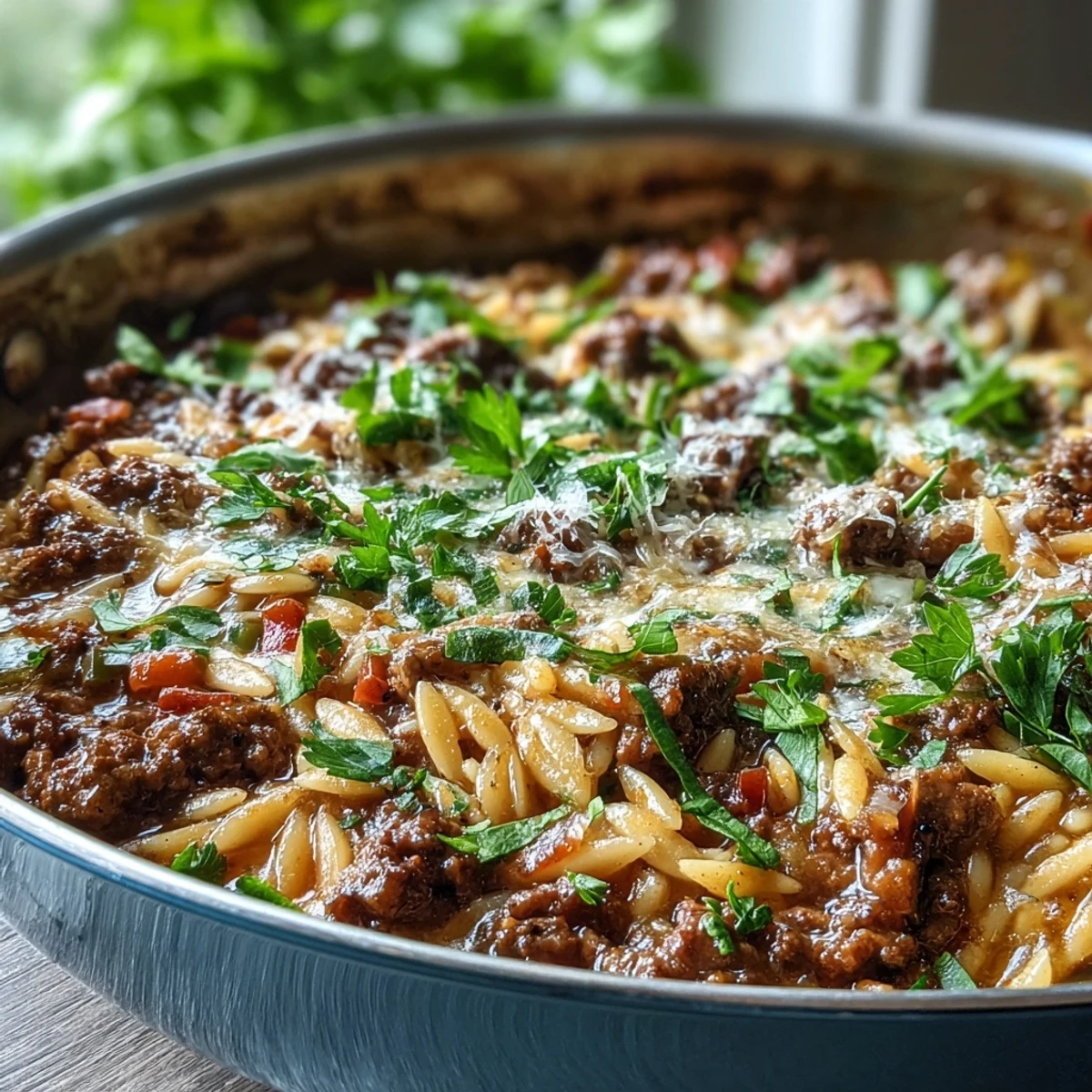 A close-up of Comforting Ground Beef Orzo Dinner bubbling in a skillet with melted Parmesan and fresh parsley.