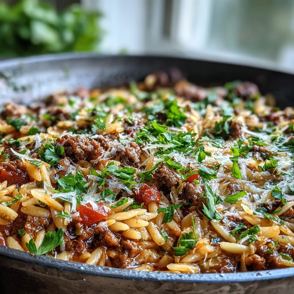 Platter of Comforting Ground Beef Orzo Dinner, ready to serve, garnished with parsley and a side salad for a family meal.