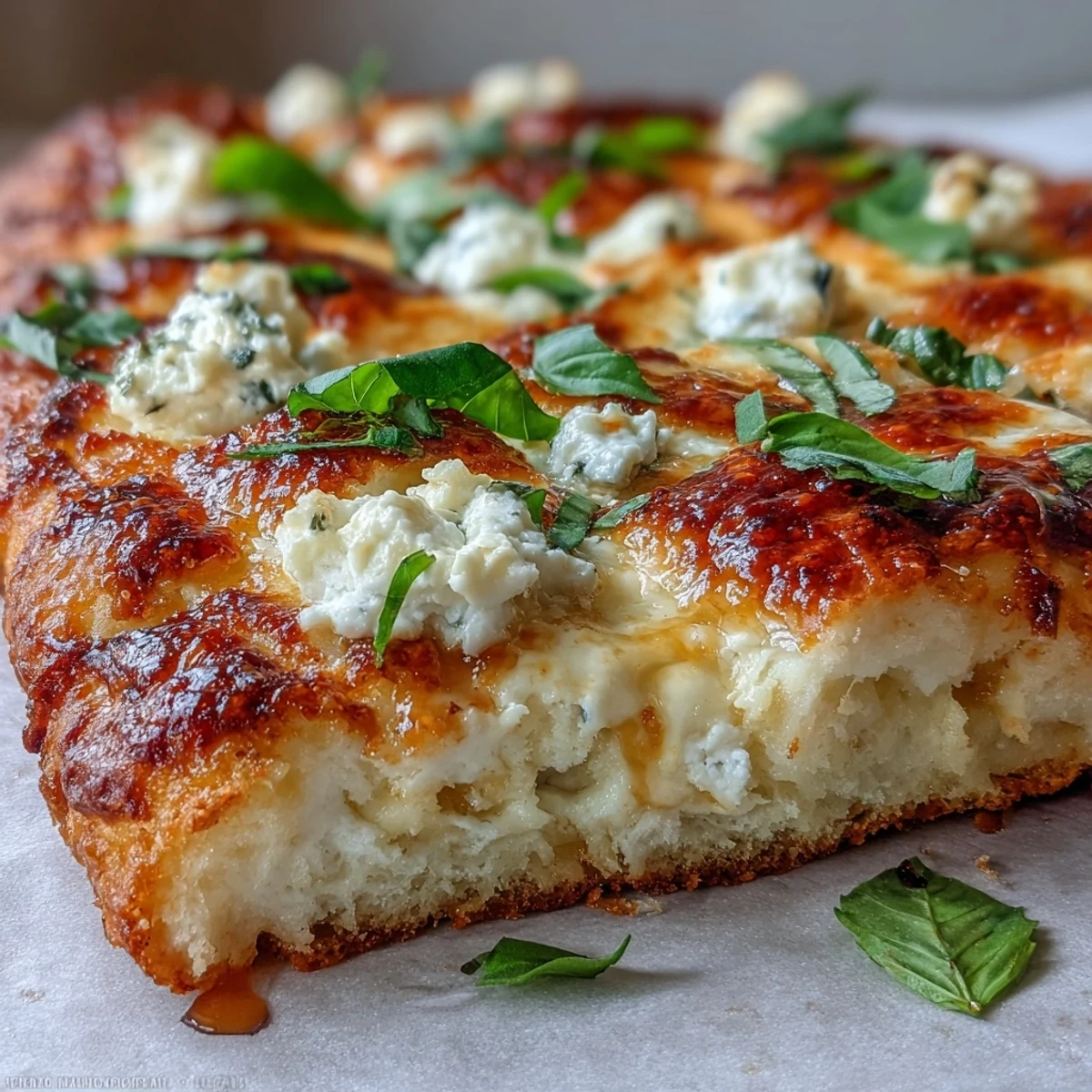 Golden-brown crust of Hot Honey Ricotta Pizza with creamy ricotta and bubbling mozzarella, drizzled with spicy honey and fresh basil.